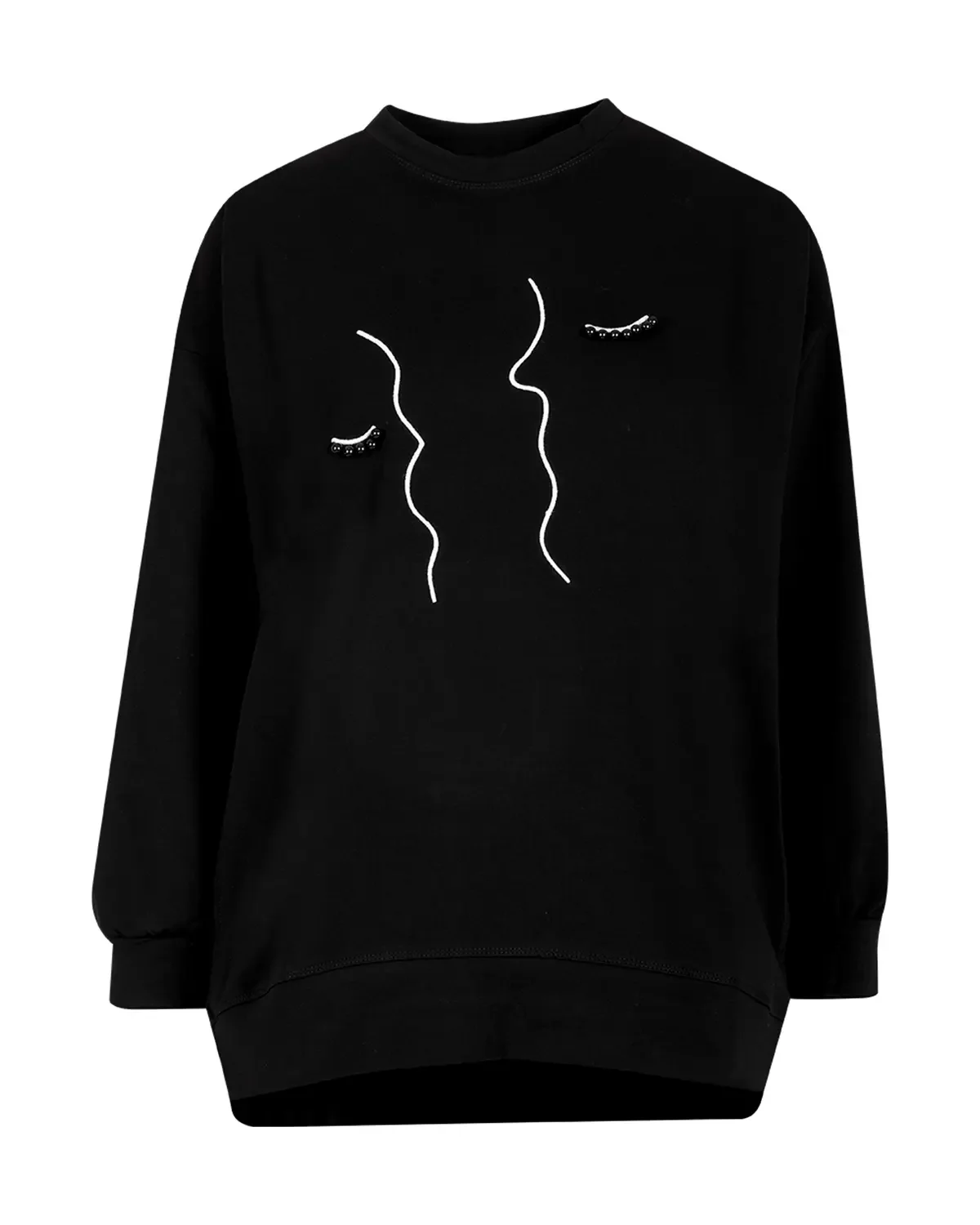 Baskılı Boncuk İşlemeli Sweatshirt-Siyah - 8
