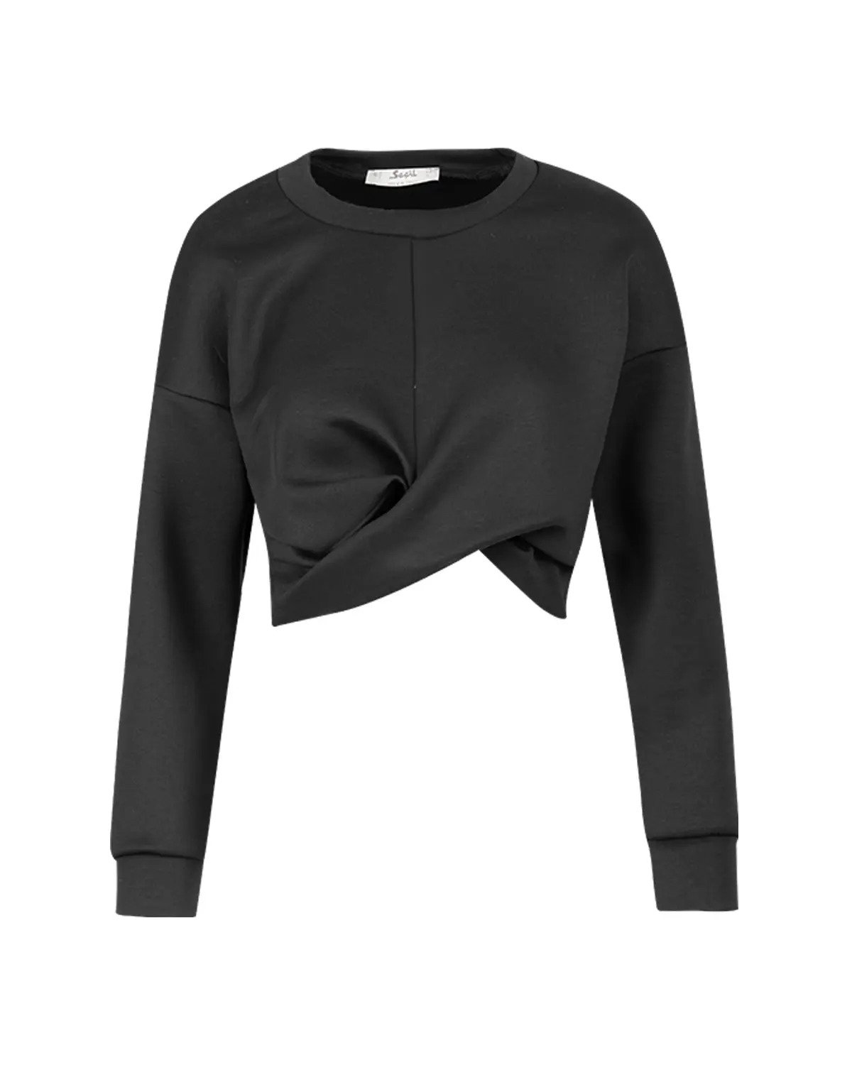 Bel Detaylı Örme Kumaş Sweatshirt-Siyah - 7