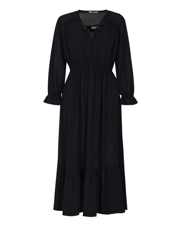 Beli Lastikli V Yakalı Elbise-Siyah - 6