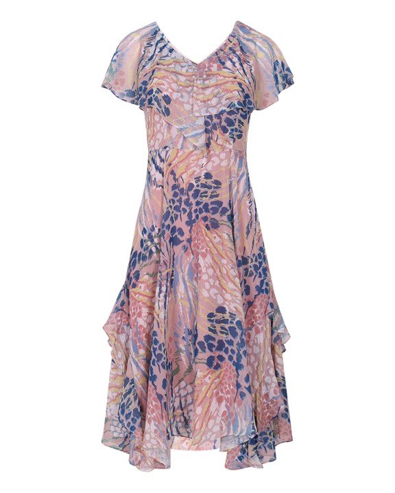 V Yakalı Desenli Şifon Elbise-Pudra Pembe - 8