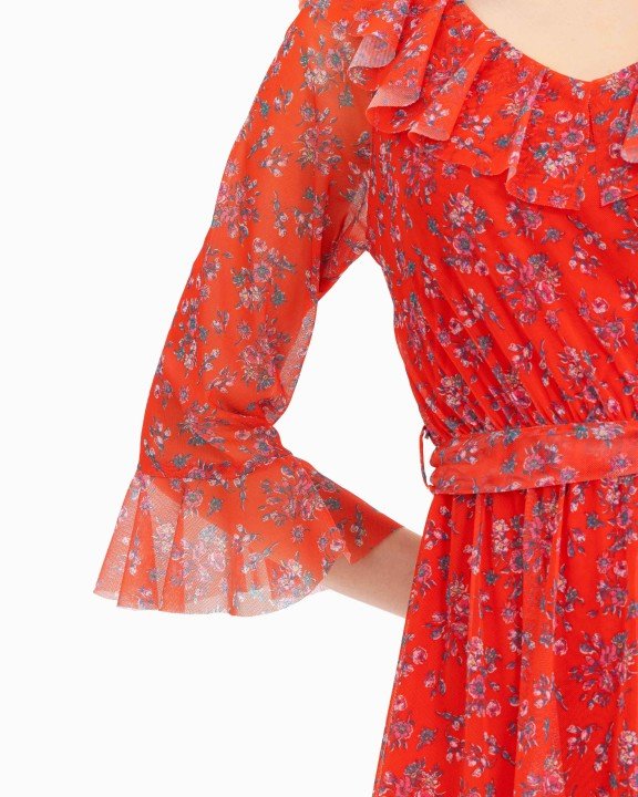 Yakası Fırfırlı Desenli Elbise-Mercan - 5