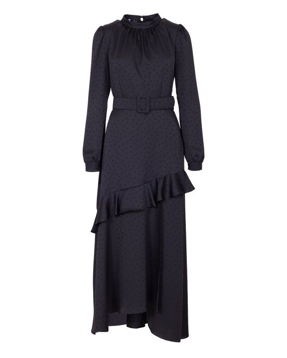 Kemerli Astarlı Puantiyeli Elbise-Siyah - 6