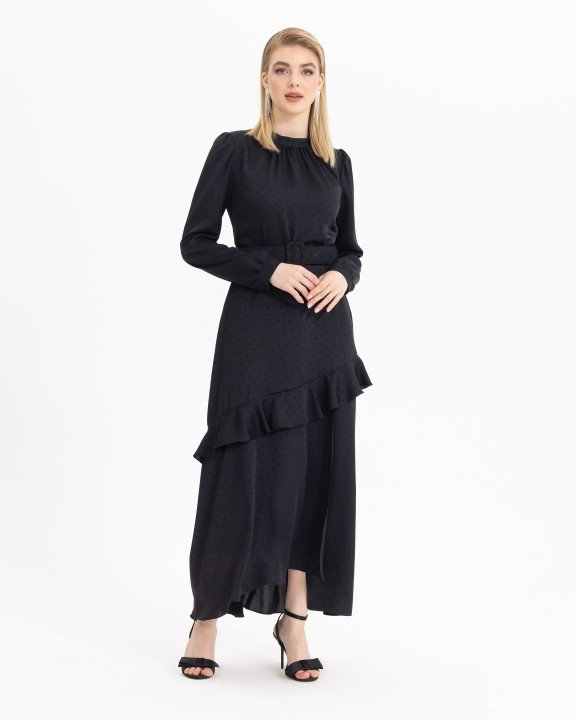 Kemerli Astarlı Puantiyeli Elbise-Siyah - 1
