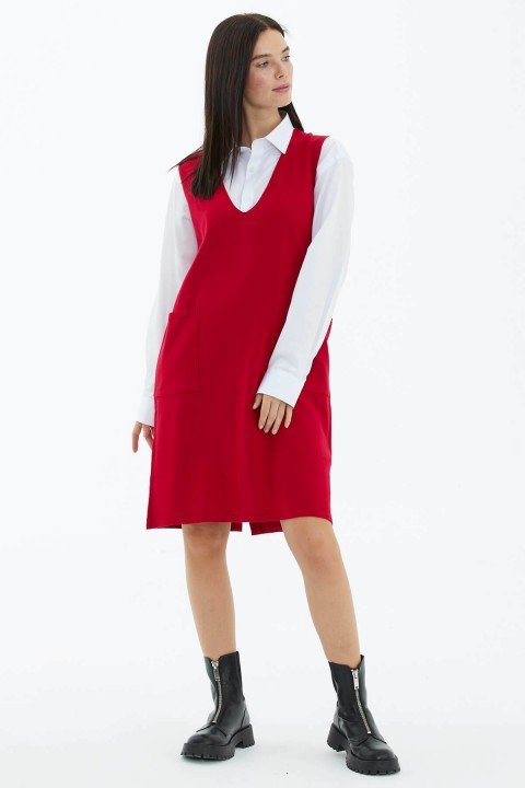V Yaka Kolsuz Arkası Düğmeli Triko Elbise-Kırmızı - 3