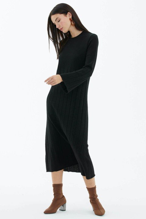 Sıfır Yaka Derbili Triko Elbise-Siyah - 3