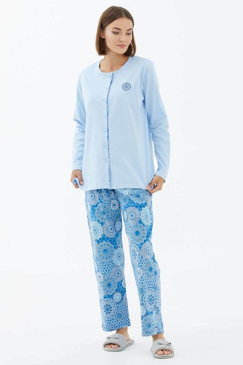 Önden Düğmeli Pamuklu Pijama Takım-Mavi - 2