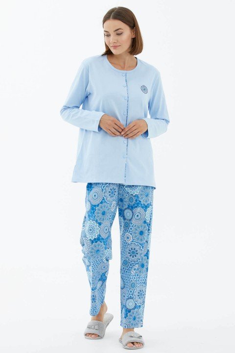 Önden Düğmeli Pamuklu Pijama Takım-Mavi - 3