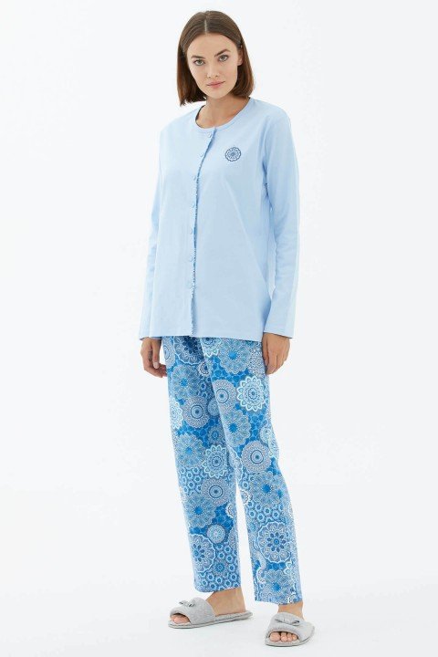 Önden Düğmeli Pamuklu Pijama Takım-Mavi - 1