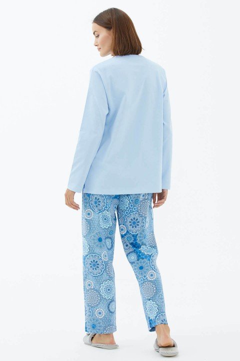 Önden Düğmeli Pamuklu Pijama Takım-Mavi - 4