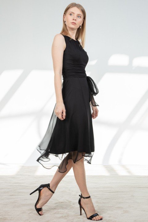 Sıfır Yaka Bel Üstü Drape Kuşak Detaylı Elbise-Siyah - 2