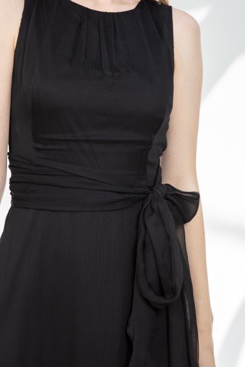 Sıfır Yaka Bel Üstü Drape Kuşak Detaylı Elbise-Siyah - 3
