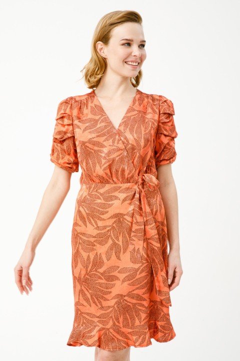 V Yaka Desenli Elbise-Oranj - 1