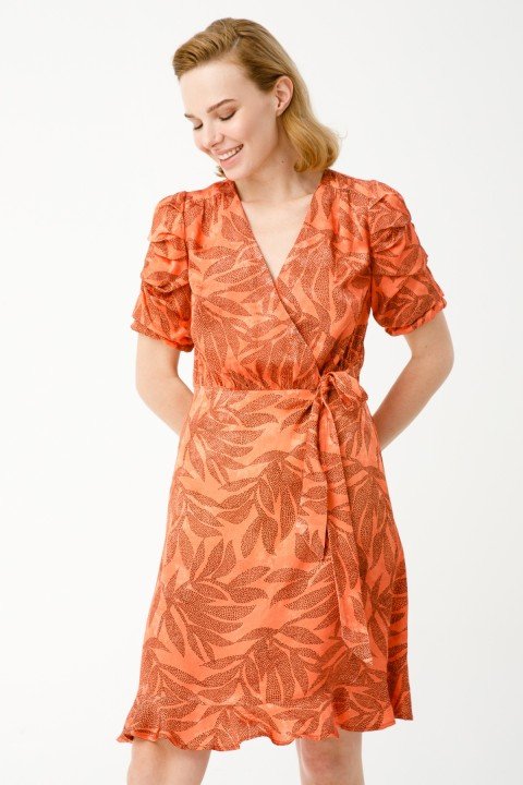 V Yaka Desenli Elbise-Oranj - 3