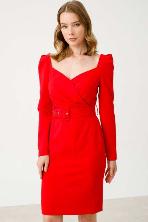 Kruvaze Kemerli Elbise-Kırmızı - 1