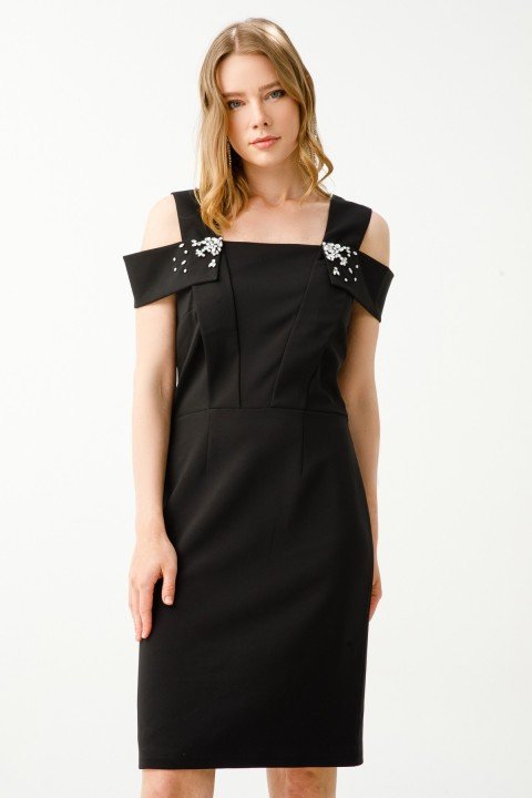 Kare Yaka Taş İşlemeli Elbise-Siyah - 1