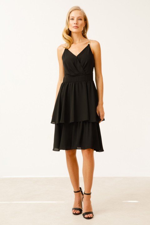 Askılı Şifon Elbise-Siyah - 1