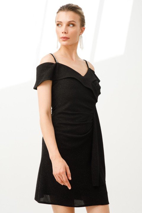 Simli Kumaş Askılı Elbise Siyah - 6