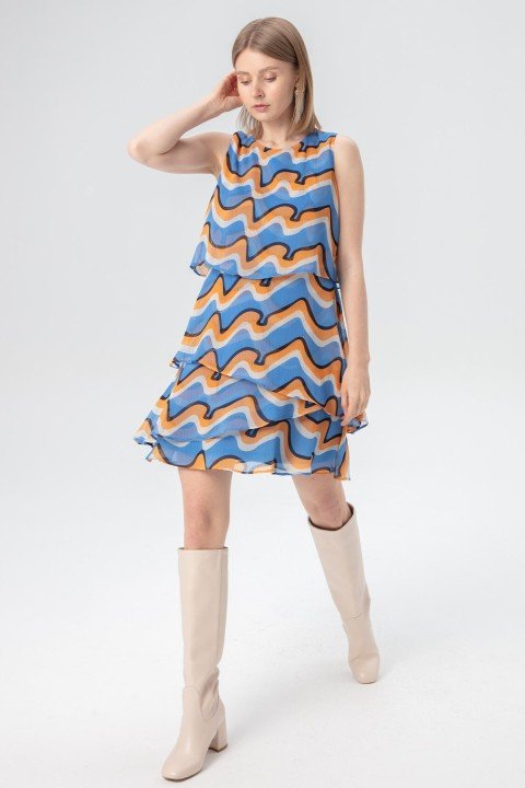 Katlı Parçalı Kolsuz Elbise-İndigo Oranj - 5