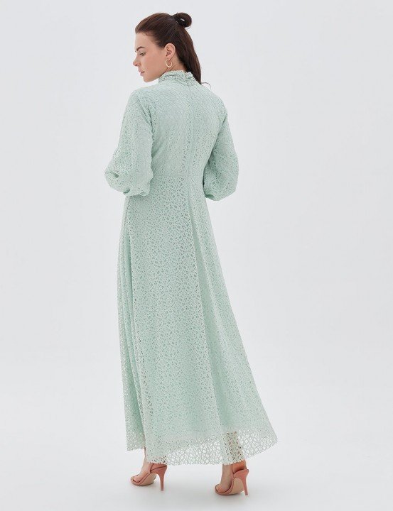 İnci Düğmeli Güpür Elbise-Su Yeşili - 6