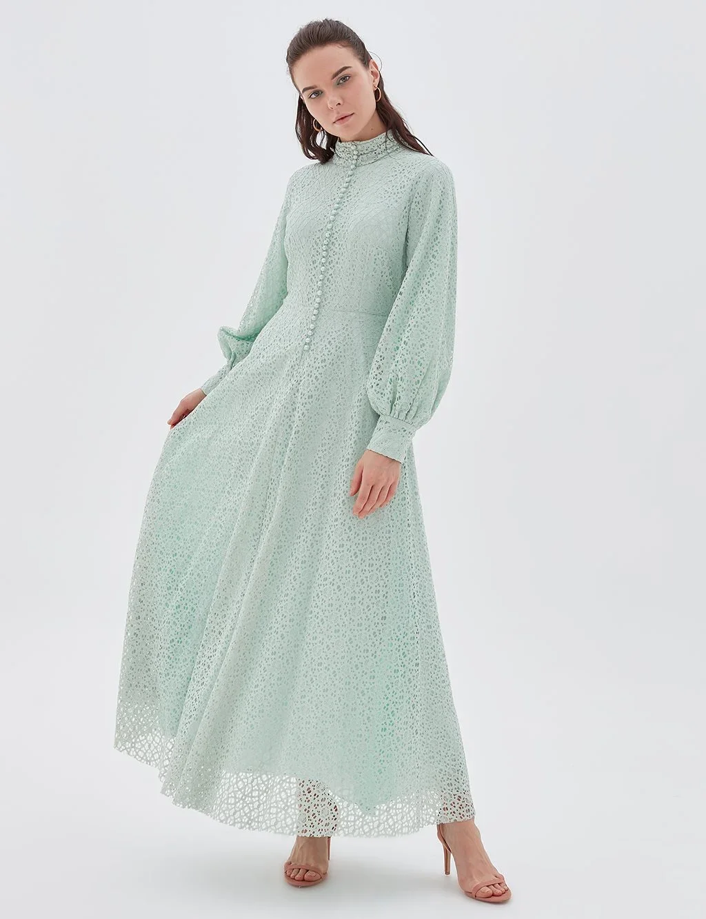 İnci Düğmeli Güpür Elbise-Su Yeşili - 1
