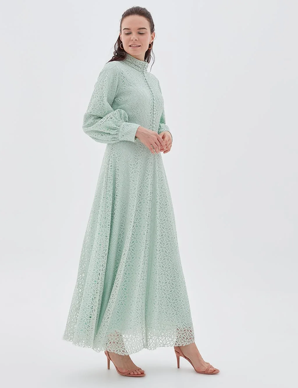 İnci Düğmeli Güpür Elbise-Su Yeşili - 3