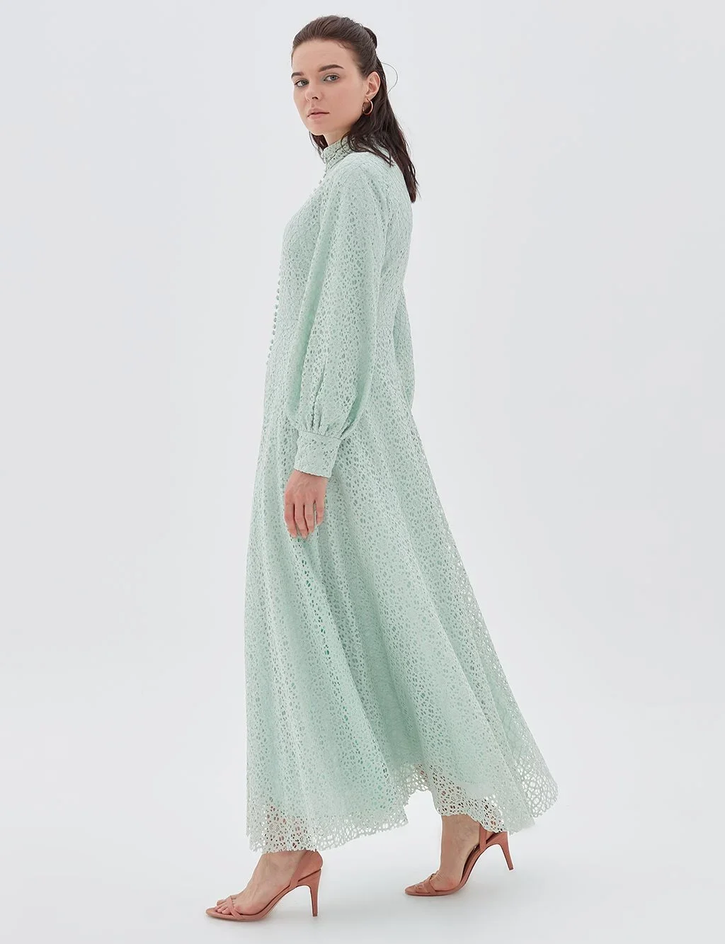 İnci Düğmeli Güpür Elbise-Su Yeşili - 5