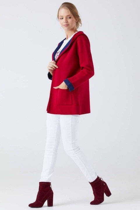 Kadın Kapüşonlu Cepli Triko Ceket-Kırmızı - 2