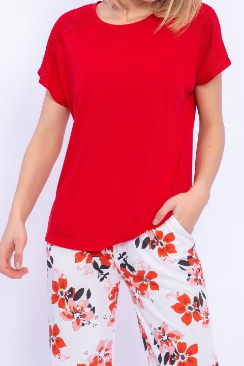 Hibiskus Çiçek Desenli Kadın Pijama Takımı-Kırmızı - 4