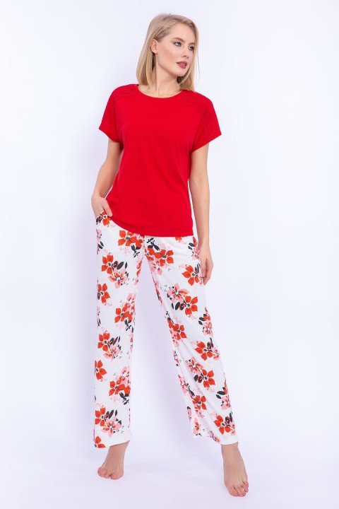 Hibiskus Çiçek Desenli Kadın Pijama Takımı-Kırmızı - 2