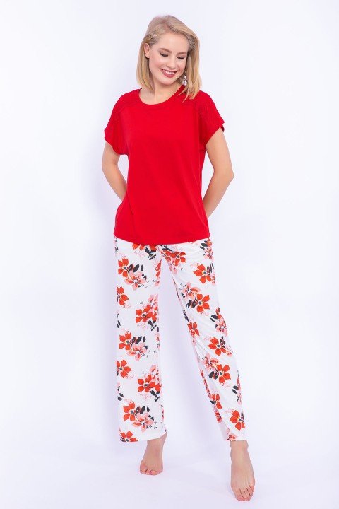 Hibiskus Çiçek Desenli Kadın Pijama Takımı-Kırmızı - ARNETTA