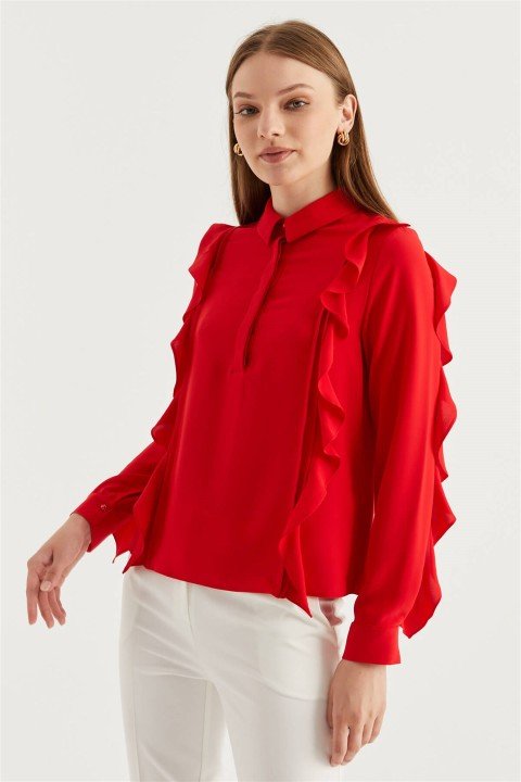 ZÜHRE Gömlek Yaka Volanlı Kırmızı Bluz B-0072 - 3