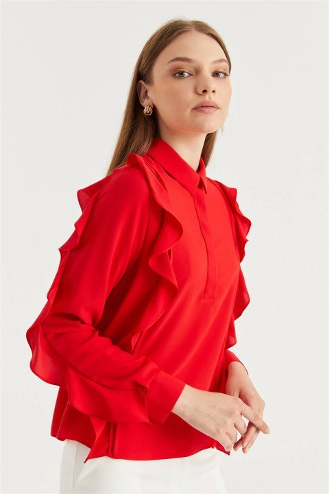 ZÜHRE Gömlek Yaka Volanlı Kırmızı Bluz B-0072 - 4