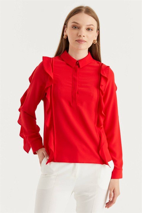 ZÜHRE Gömlek Yaka Volanlı Kırmızı Bluz B-0072 - 5