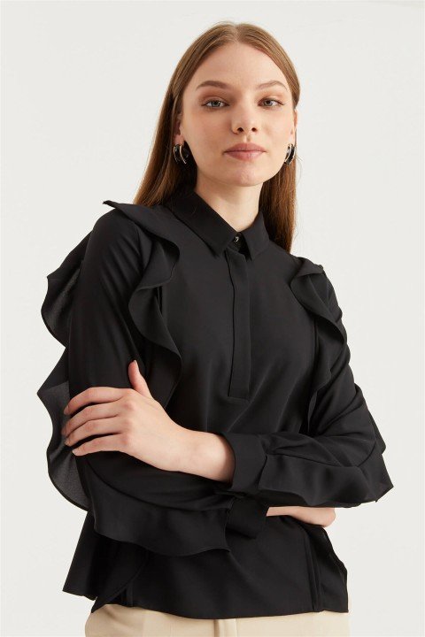 ZÜHRE Gömlek Yaka Volanlı Siyah Bluz B-0072 - 2