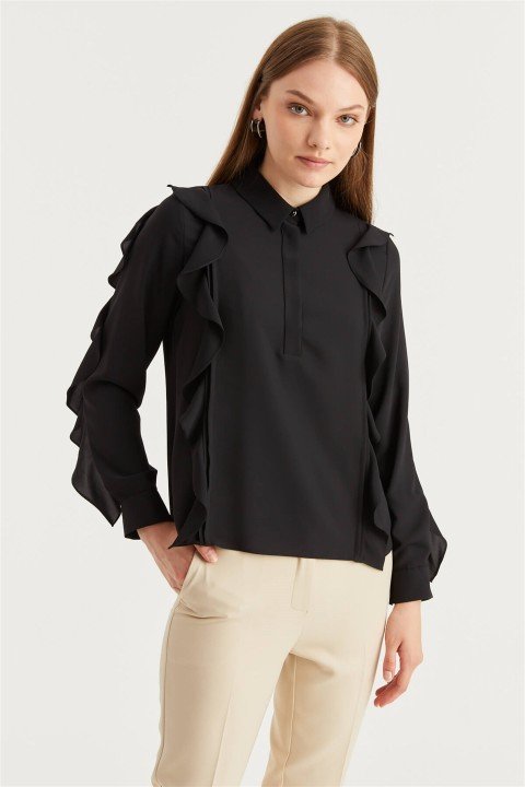 ZÜHRE Gömlek Yaka Volanlı Siyah Bluz B-0072 - 4