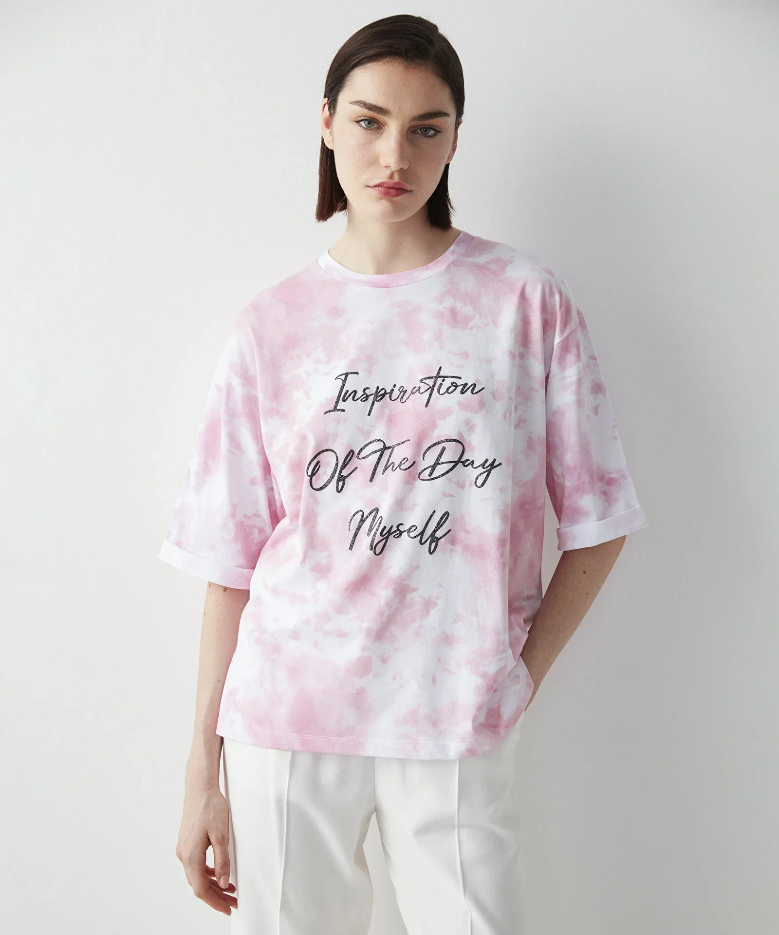 Batik Desen Slogan Baskılı Tişört-Açık Pembe - 3