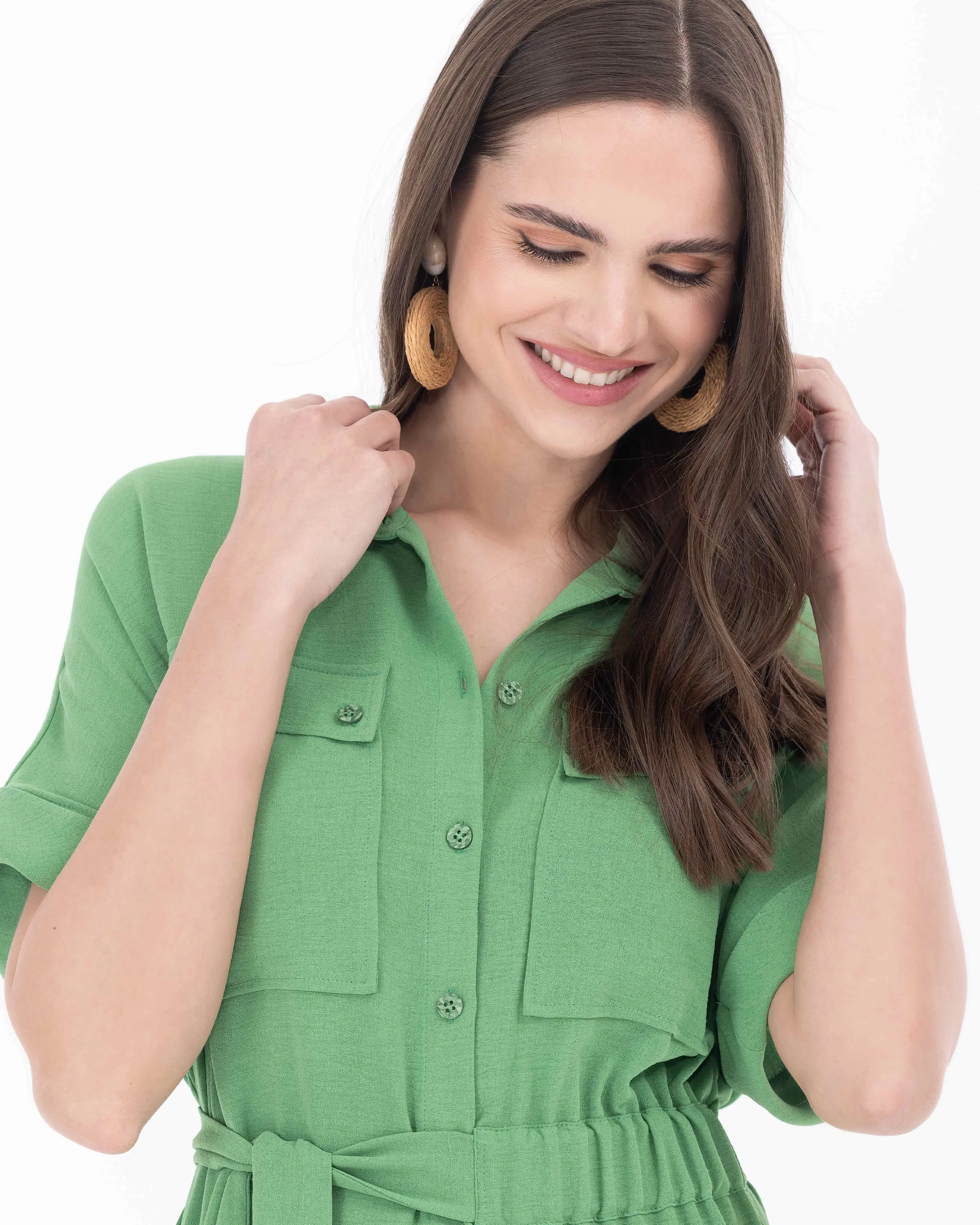 Bel Detaylı Midi Boy Gömlek Yaka Elbise - Yeşil - 3