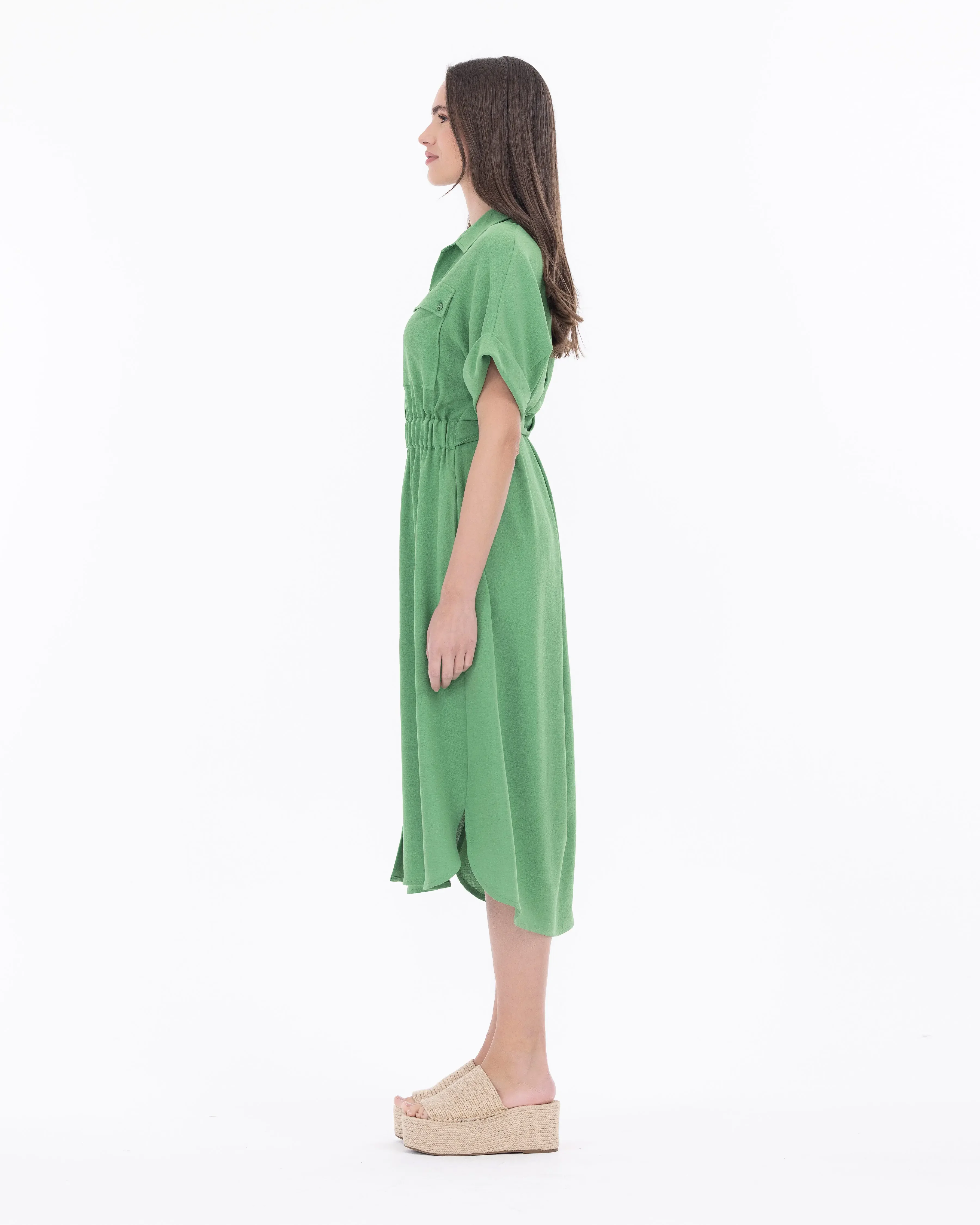 Bel Detaylı Midi Boy Gömlek Yaka Elbise - Yeşil - 6