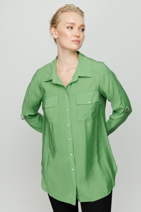 Büyük Beden Önü Çıtçıtlı Gömlek-Yeşil - Ekol