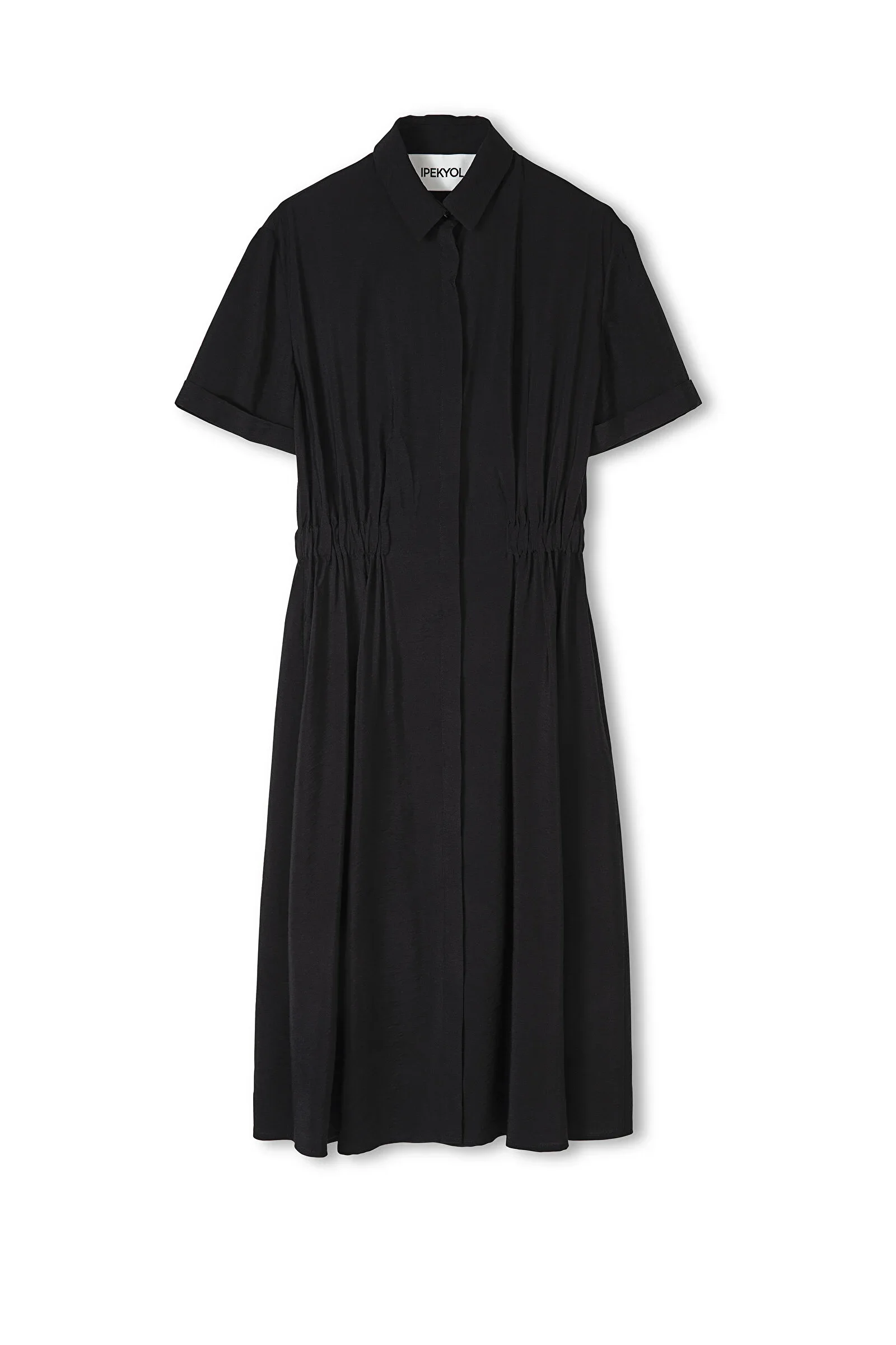 Büzgülü Gömlek Elbise-Siyah - 6