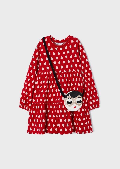 Kız Çocuk Çantalı Kalp Desenli Elbise-Kırmızı - 1
