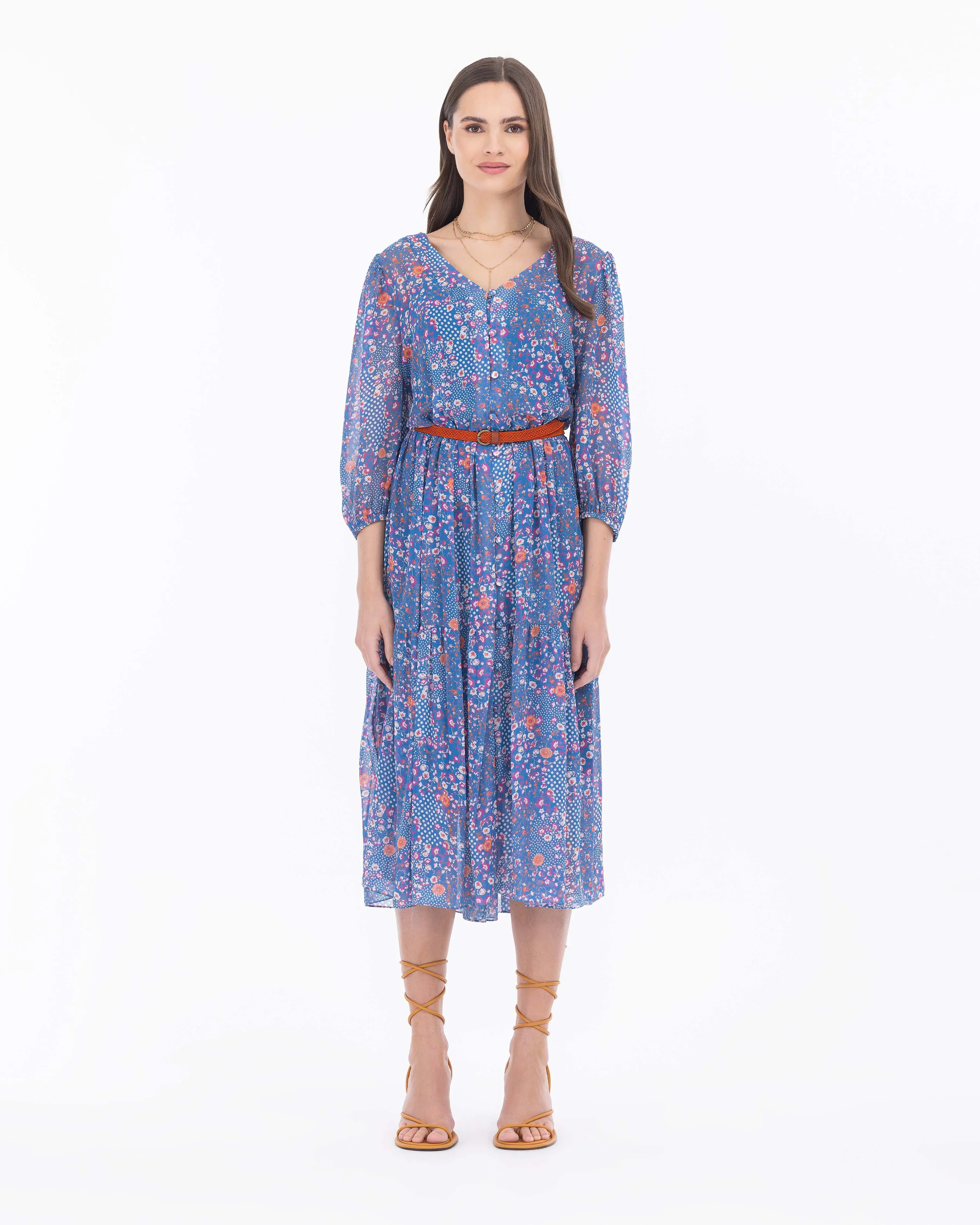 Çiçek Desen Kemerli Şifon Elbise-Mavi - 1