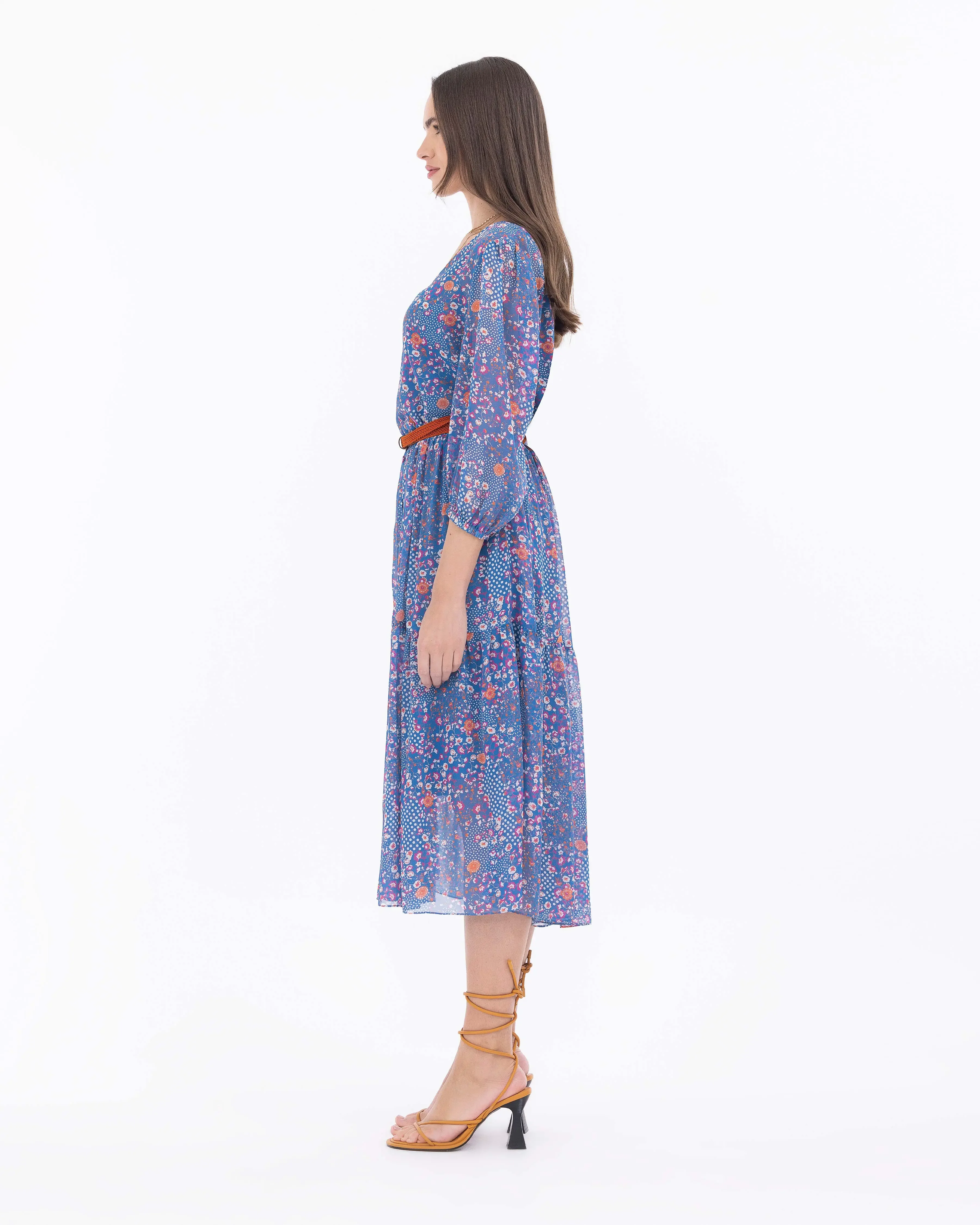 Çiçek Desen Kemerli Şifon Elbise-Mavi - 6