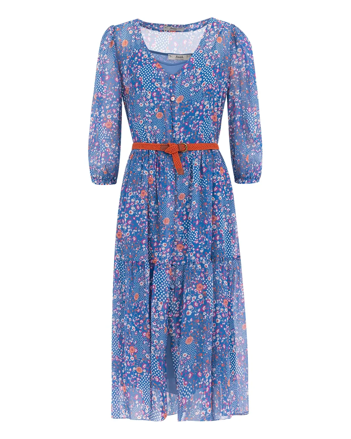 Çiçek Desen Kemerli Şifon Elbise-Mavi - 7