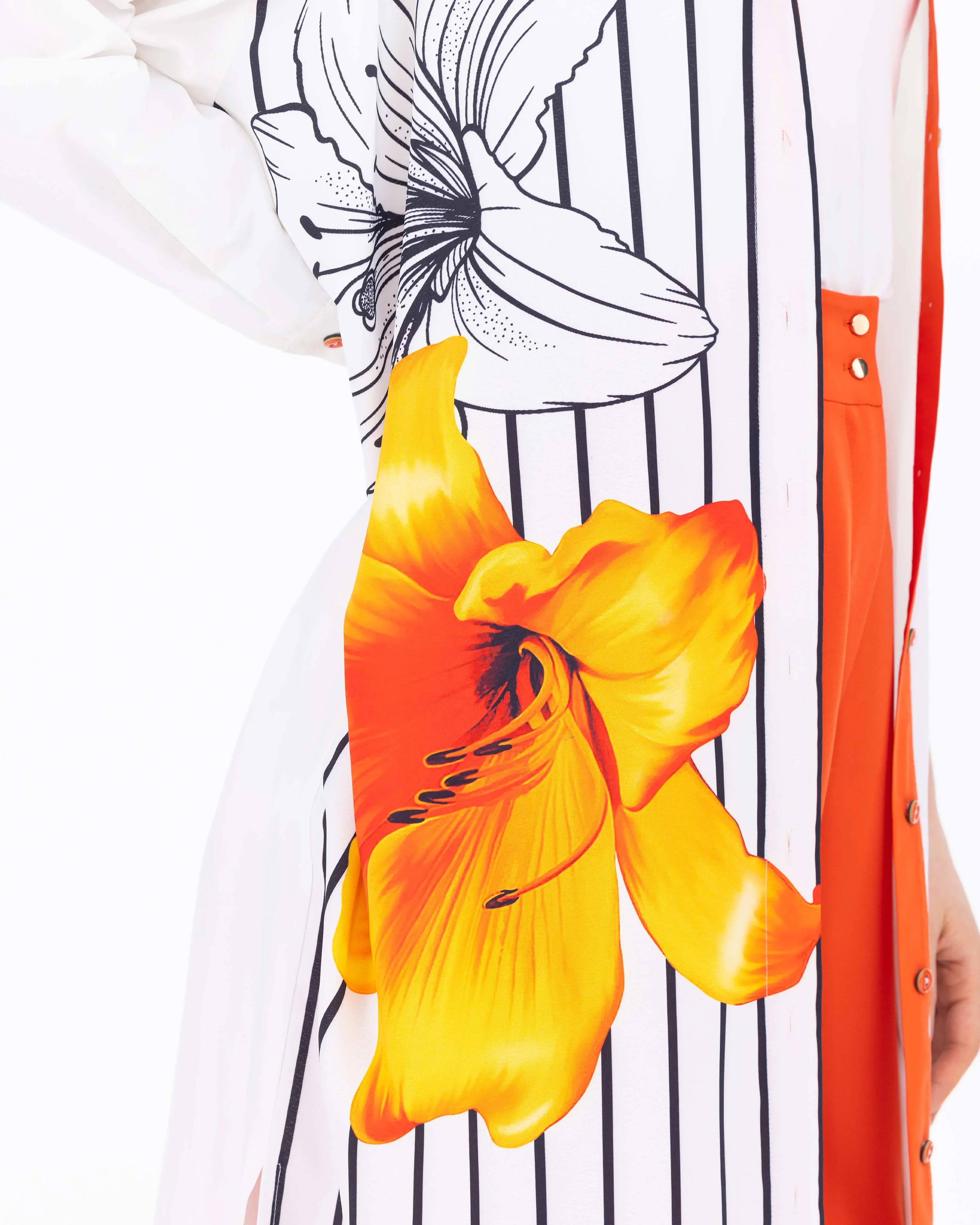 Çiçek Desenli Midi Boy Gömlek Tunik-Turuncu - 6