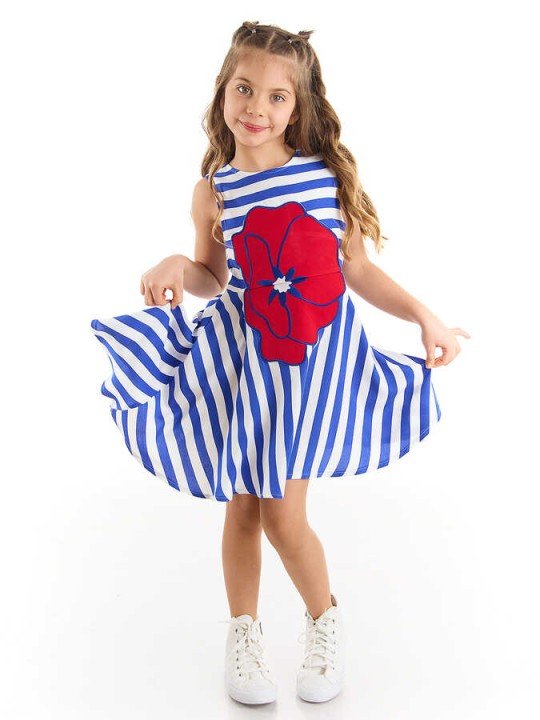 Çizgili Gelincik Dokuma Çiçekli Kız Çocuk Elbise-Mavi - Mushi