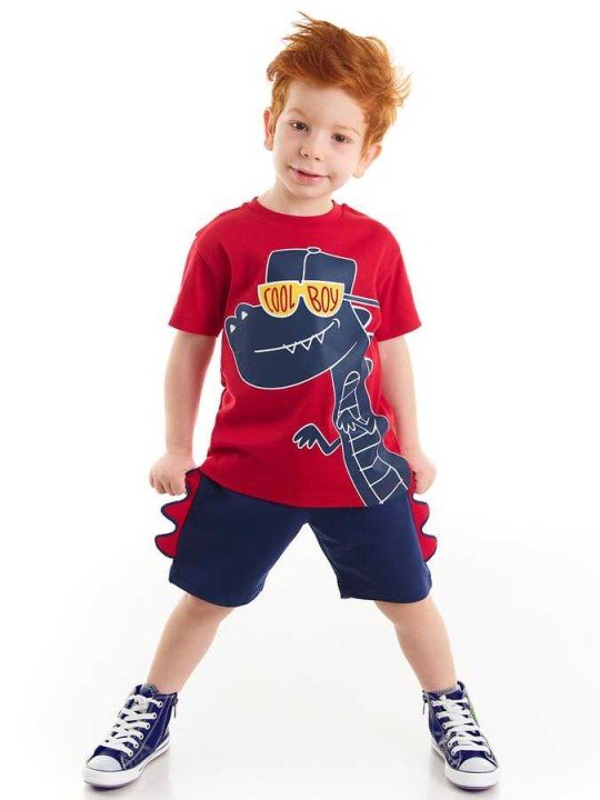 Cool Dinozor Erkek Çocuk Kırmızı T-shirt Lacivert Şort Takım - DENOKİDS