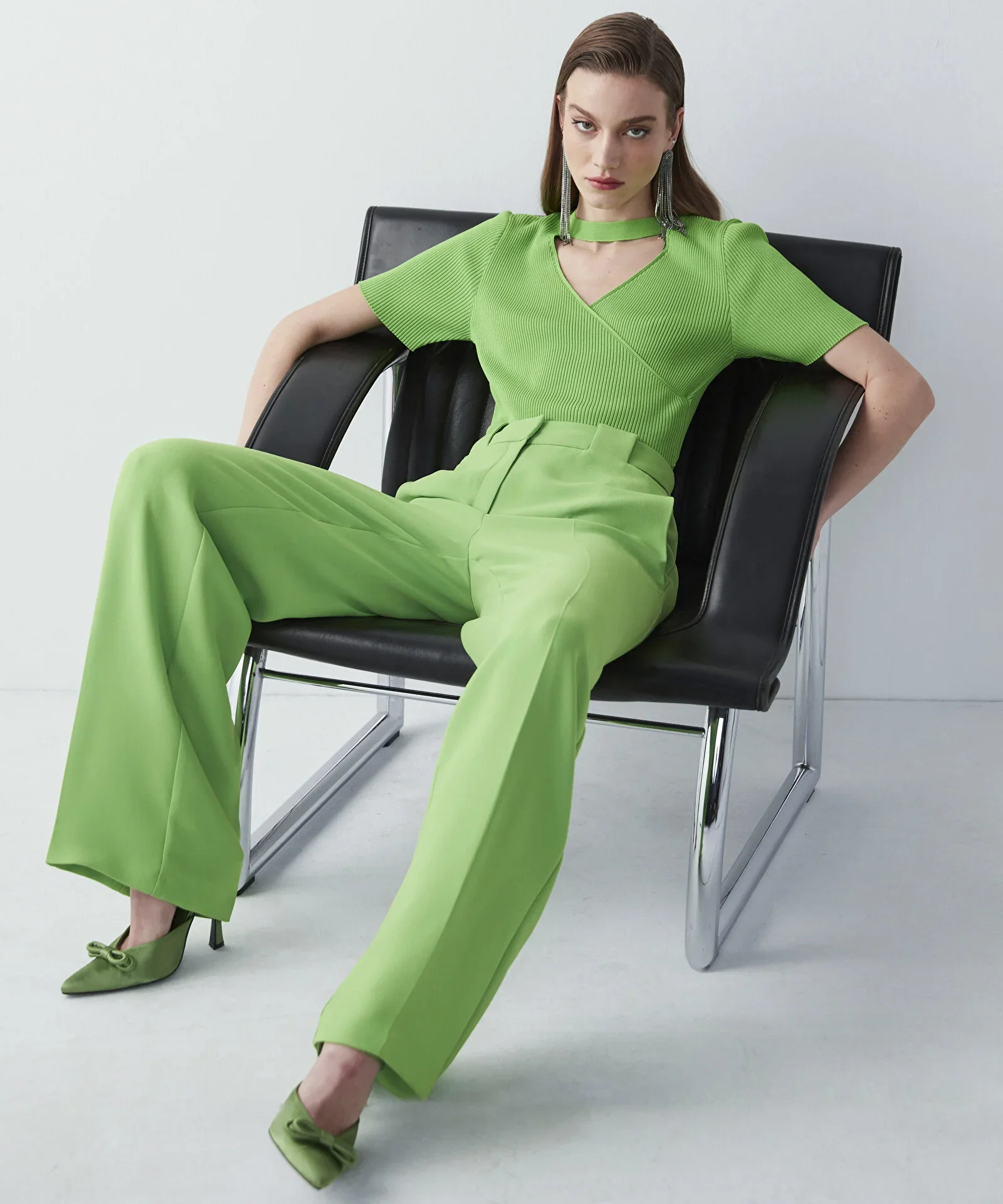 Cutout Wide Leg Fit Pantolon-Parlak Yeşil - 1