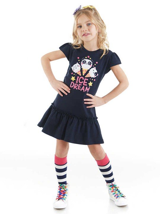 Dondurma Rüyası Pamuklu Kız Çocuk Lacivert Elbise - DENOKİDS