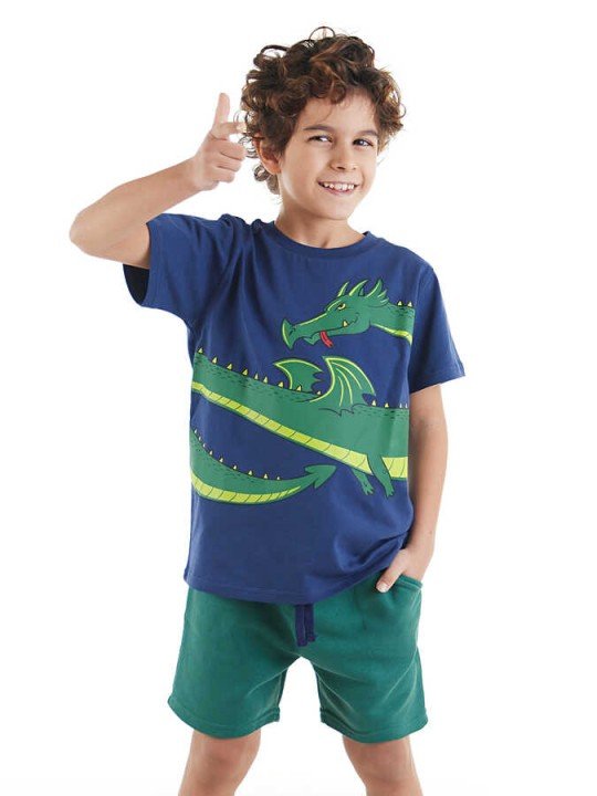 Ejderha Erkek Çocuk Lacivert T-shirt Yeşil Şort Yazlık Takım - Mushi